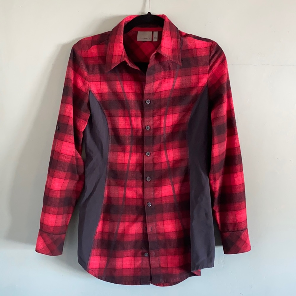 Athleta red plaid button down top
